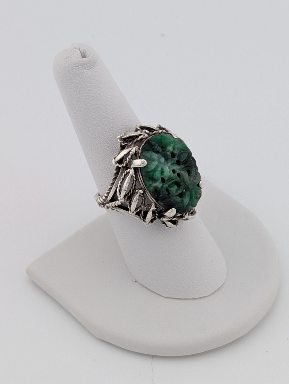 Sterling & Carved Jade Vintage Cocktail Ring 8 - Chunky Statement Silver Jewelry